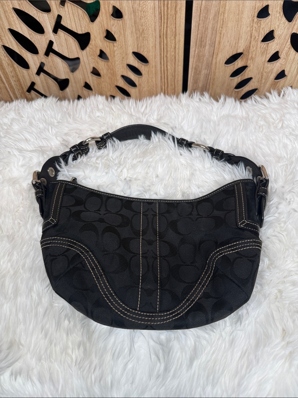 Vintage Coach Black Signature Canvas Hobo Shoulder Bag